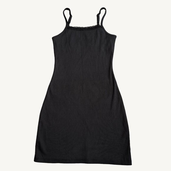 NWT Aerie Black Ribbed Mini Dress With Lace Trim Size Extra Small - Picture 1 of 9
